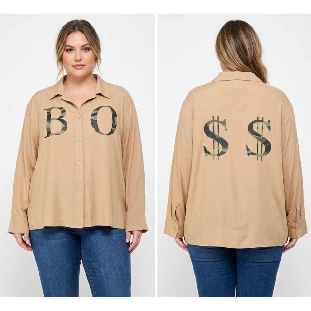 New Jolie & Joy Button Down size 2X Graphic "BOSS" Relaxed Long Sleeve Button Up